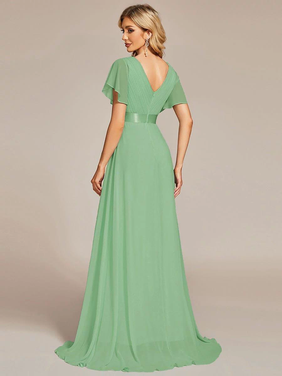 Long Empire Waist Evening Dress with Short Flutter Sleeves #color_Sage green