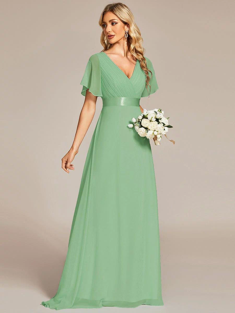 Long Empire Waist Evening Dress with Short Flutter Sleeves #color_Sage green