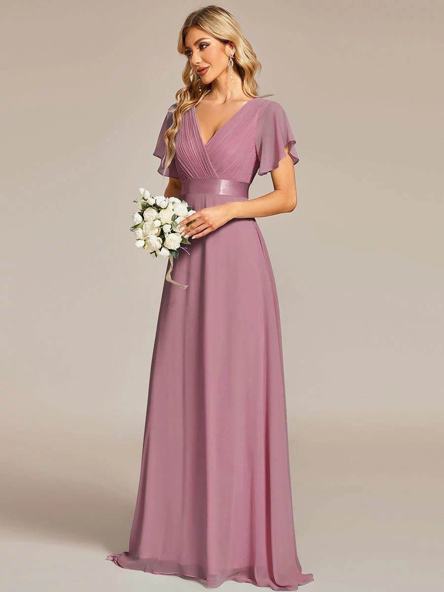 Long Empire Waist Evening Dress with Short Flutter Sleeves #color_Purple Orchid