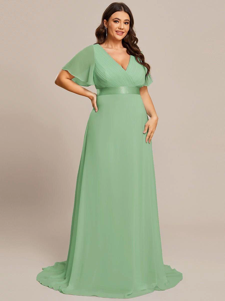 Long Empire Waist Evening Dress with Short Flutter Sleeves #color_Sage green
