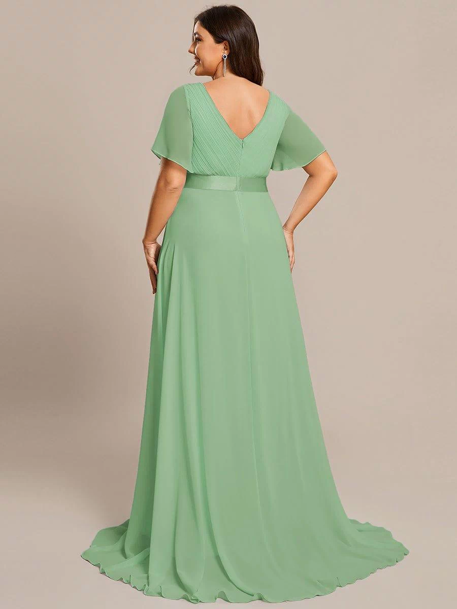 Long Empire Waist Evening Dress with Short Flutter Sleeves #color_Sage green