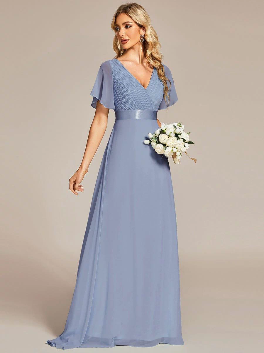 Long Empire Waist Evening Dress with Short Flutter Sleeves #color_Slate Blue