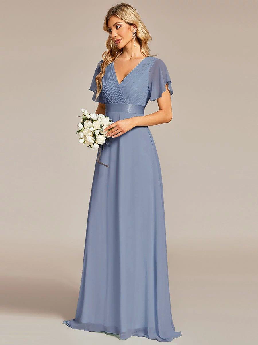 Long Empire Waist Evening Dress with Short Flutter Sleeves #color_Slate Blue