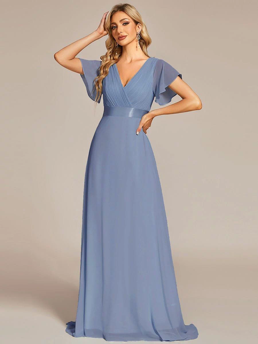 Long Empire Waist Evening Dress with Short Flutter Sleeves #color_Slate Blue