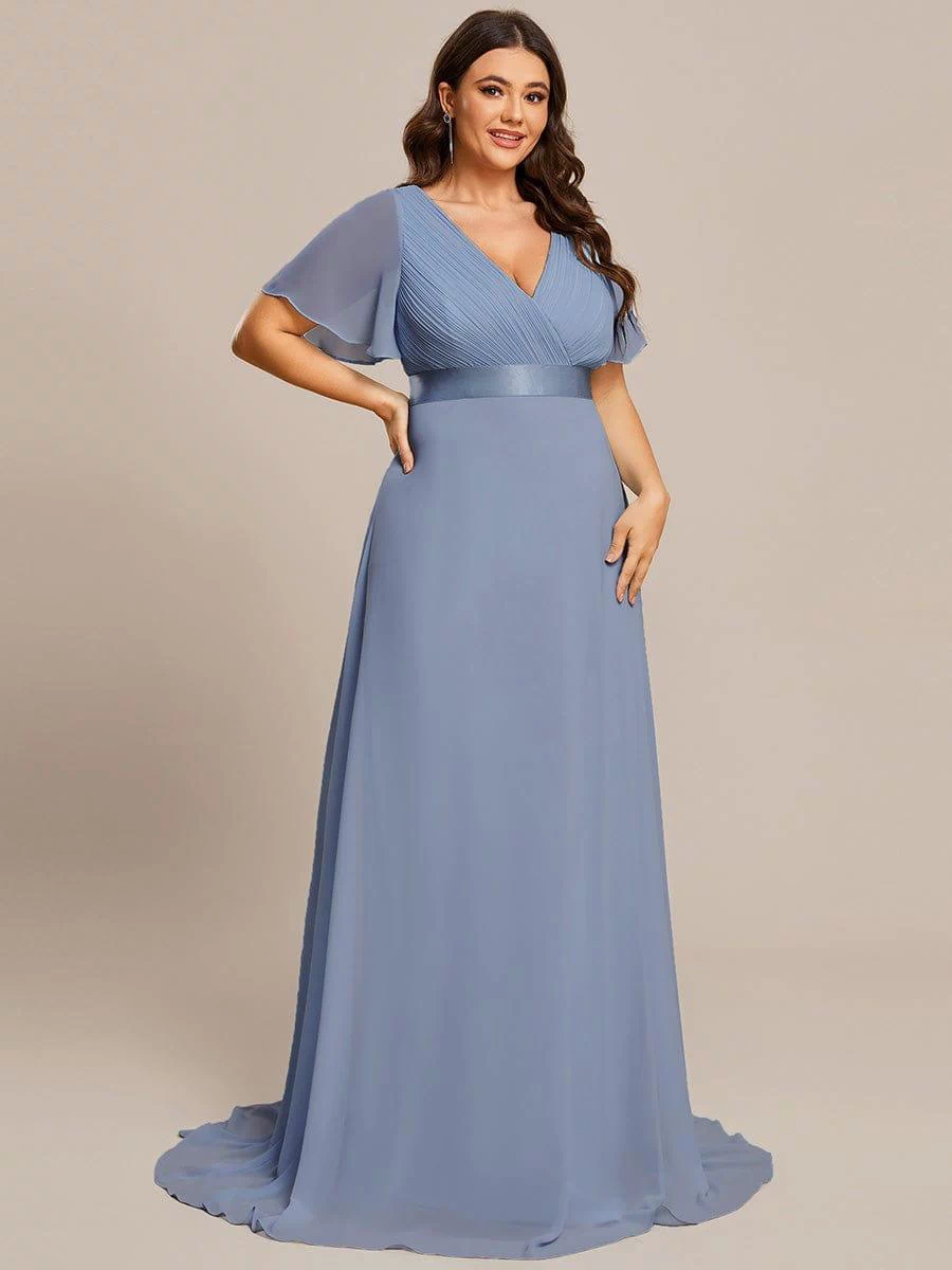 Long Empire Waist Evening Dress with Short Flutter Sleeves #color_Slate Blue