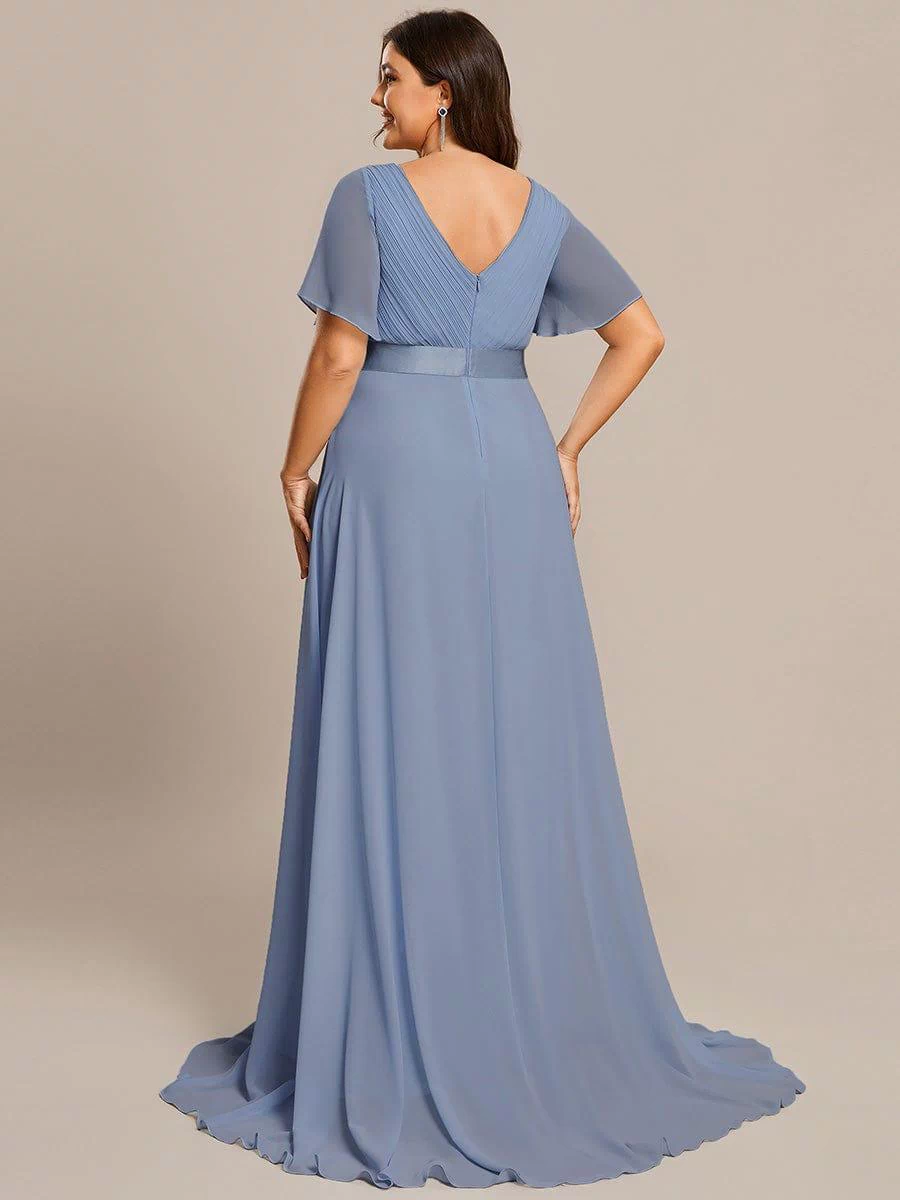 Long Empire Waist Evening Dress with Short Flutter Sleeves #color_Slate Blue