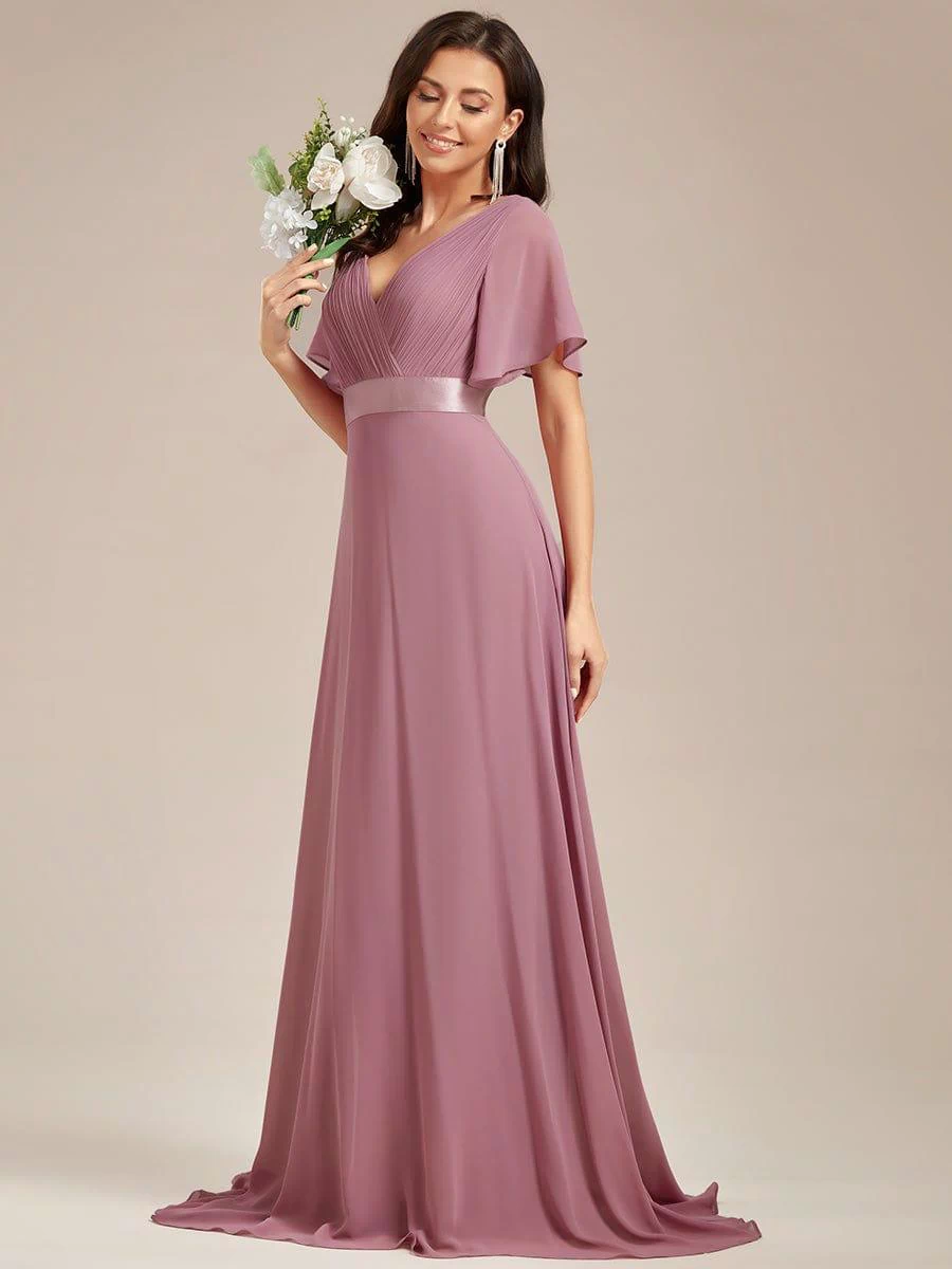 Long Empire Waist Evening Dress with Short Flutter Sleeves #color_Purple Orchid