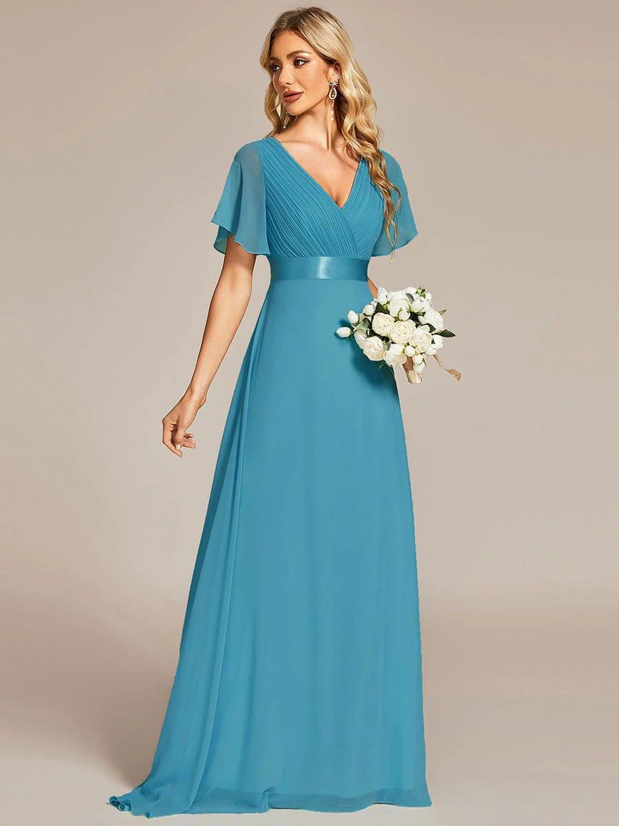 Long Empire Waist Evening Dress with Short Flutter Sleeves #color_Jade Blue