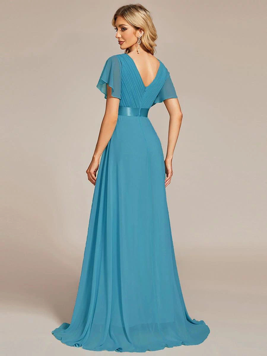 Long Empire Waist Evening Dress with Short Flutter Sleeves #color_Jade Blue