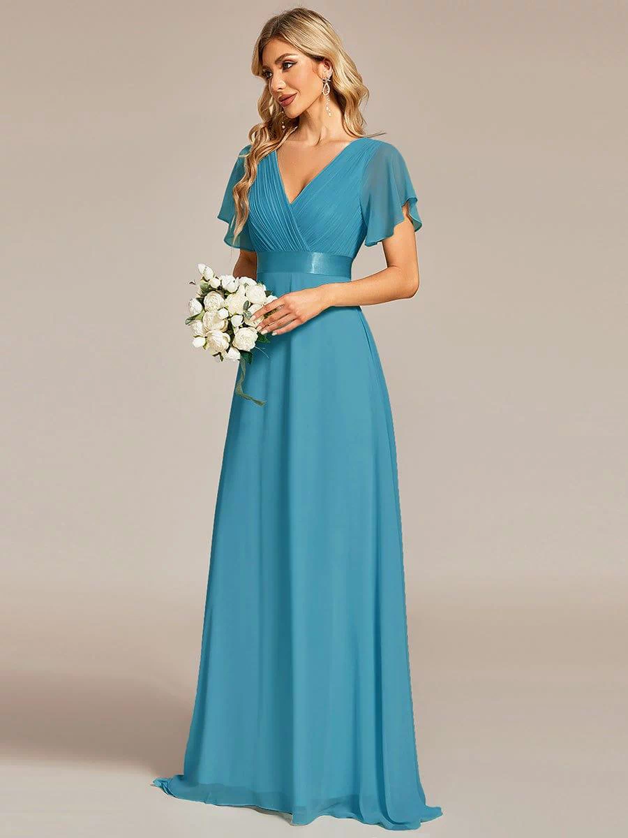Long Empire Waist Evening Dress with Short Flutter Sleeves #color_Jade Blue