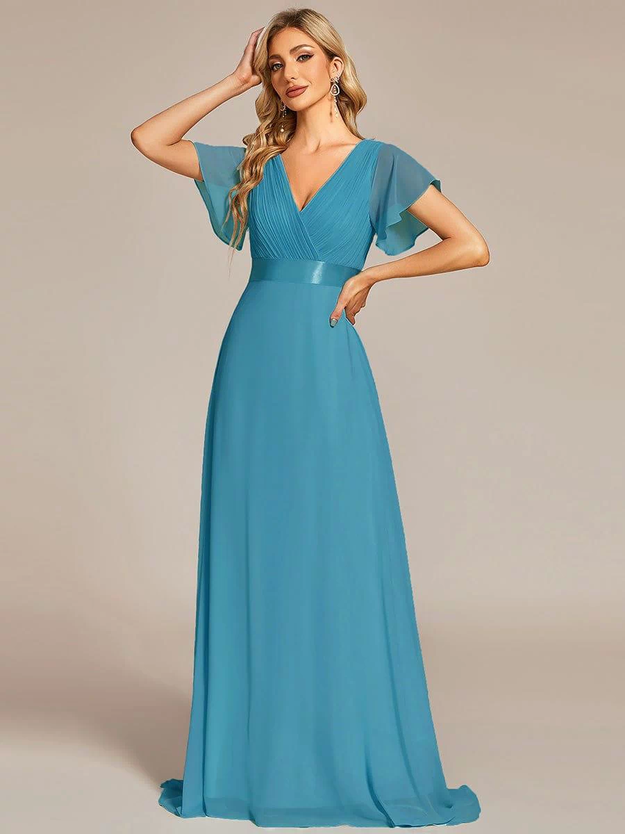 Long Empire Waist Evening Dress with Short Flutter Sleeves #color_Jade Blue