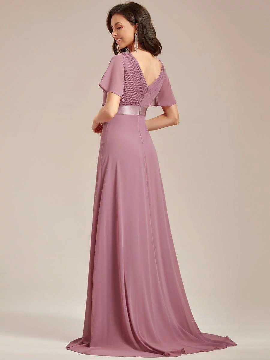 Long Empire Waist Evening Dress with Short Flutter Sleeves #color_Purple Orchid