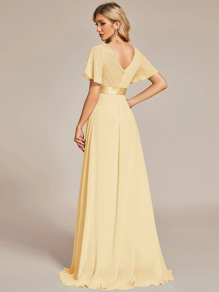 Long Empire Waist Evening Dress with Short Flutter Sleeves #color_Yellow