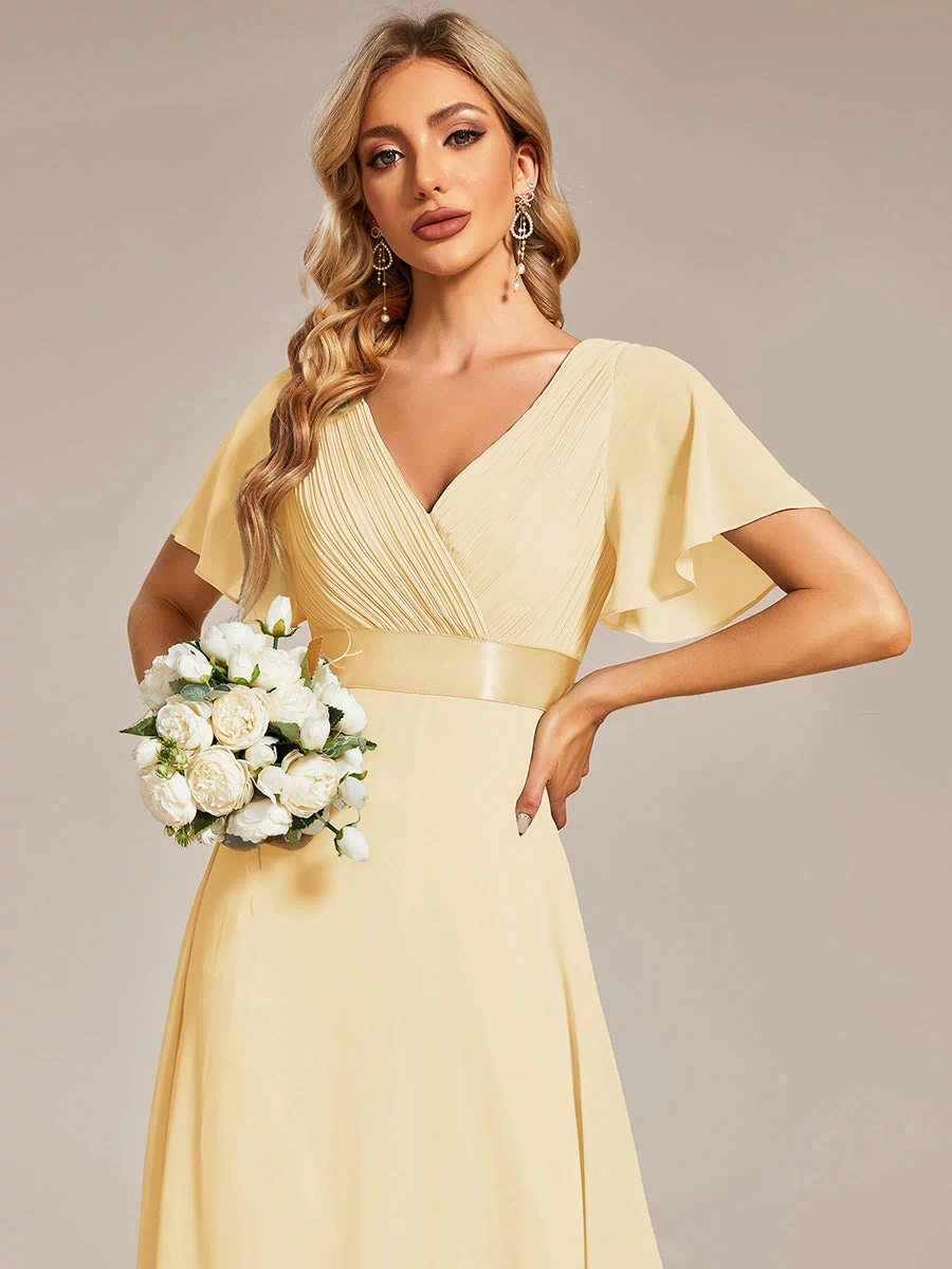 Long Empire Waist Evening Dress with Short Flutter Sleeves #color_Yellow