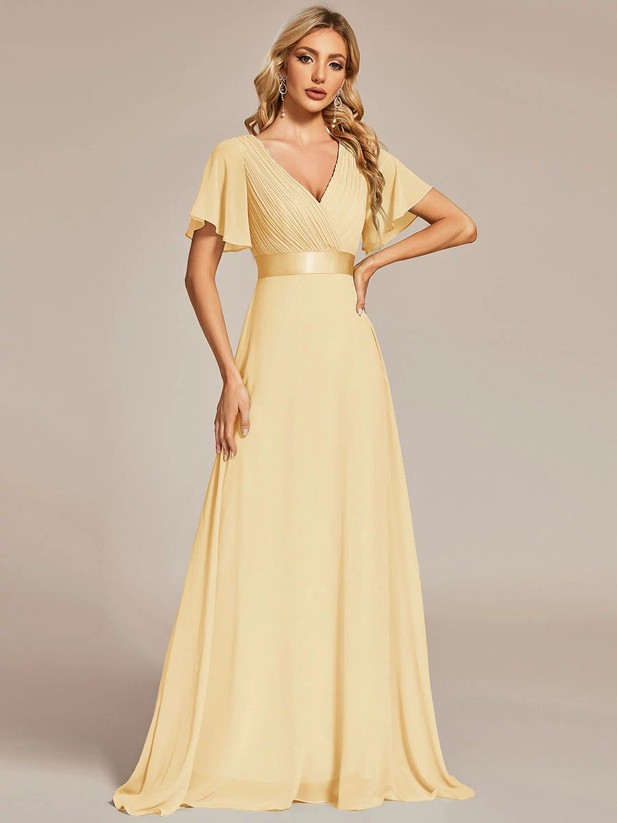 Long Empire Waist Evening Dress with Short Flutter Sleeves #color_Yellow