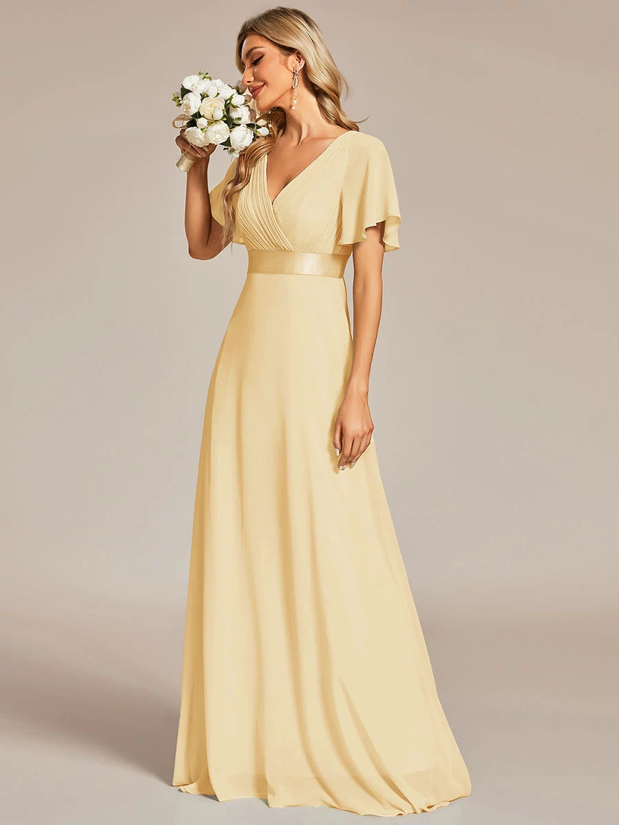 Long Empire Waist Evening Dress with Short Flutter Sleeves #color_Yellow
