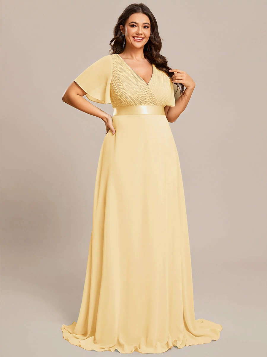 Long Empire Waist Evening Dress with Short Flutter Sleeves #color_Yellow