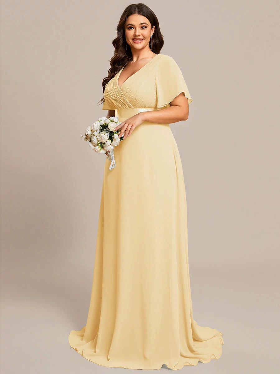 Long Empire Waist Evening Dress with Short Flutter Sleeves #color_Yellow