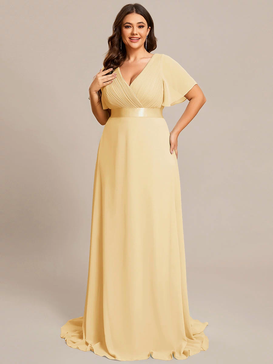 Long Empire Waist Evening Dress with Short Flutter Sleeves #color_Yellow
