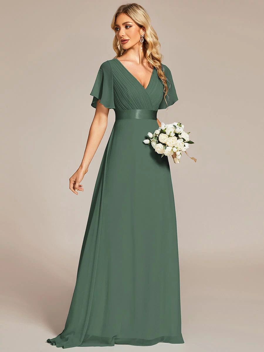 Long Empire Waist Evening Dress with Short Flutter Sleeves #color_Eucalyptus