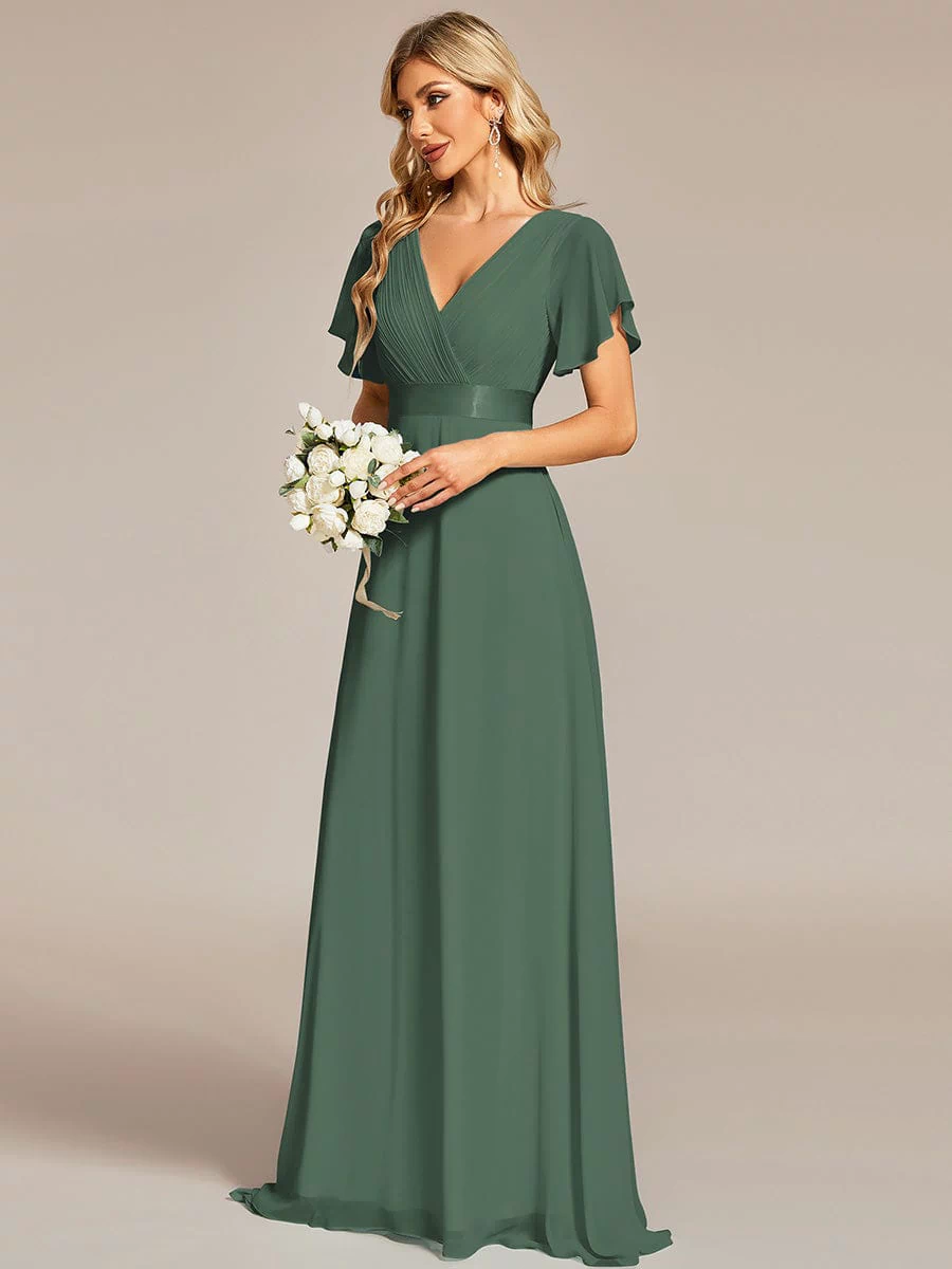 Long Empire Waist Evening Dress with Short Flutter Sleeves #color_Eucalyptus