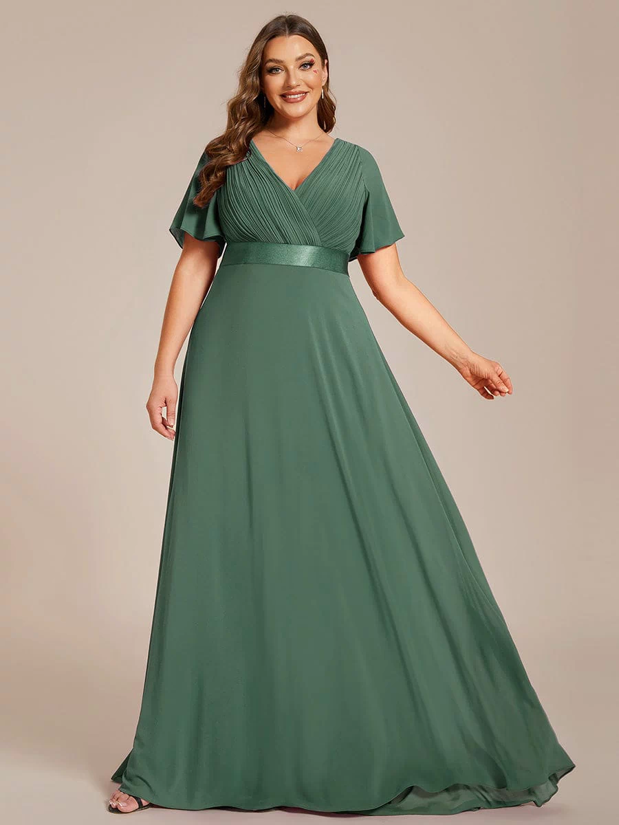 Long Empire Waist Evening Dress with Short Flutter Sleeves #color_Eucalyptus