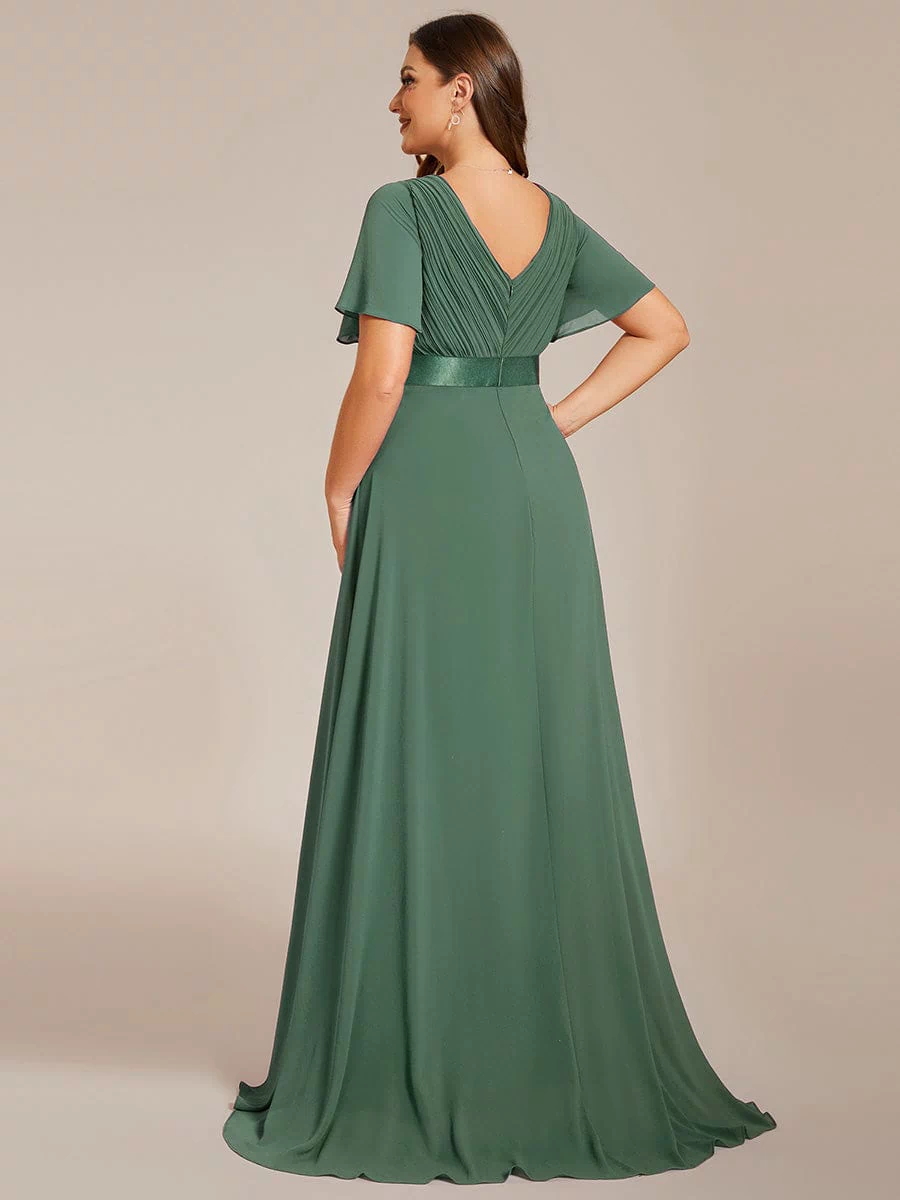 Long Empire Waist Evening Dress with Short Flutter Sleeves #color_Eucalyptus
