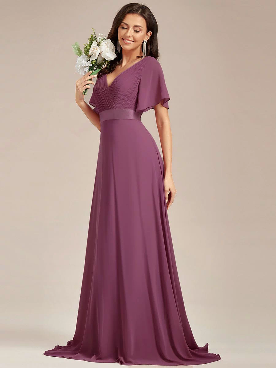Long Empire Waist Evening Dress with Short Flutter Sleeves #color_Damson