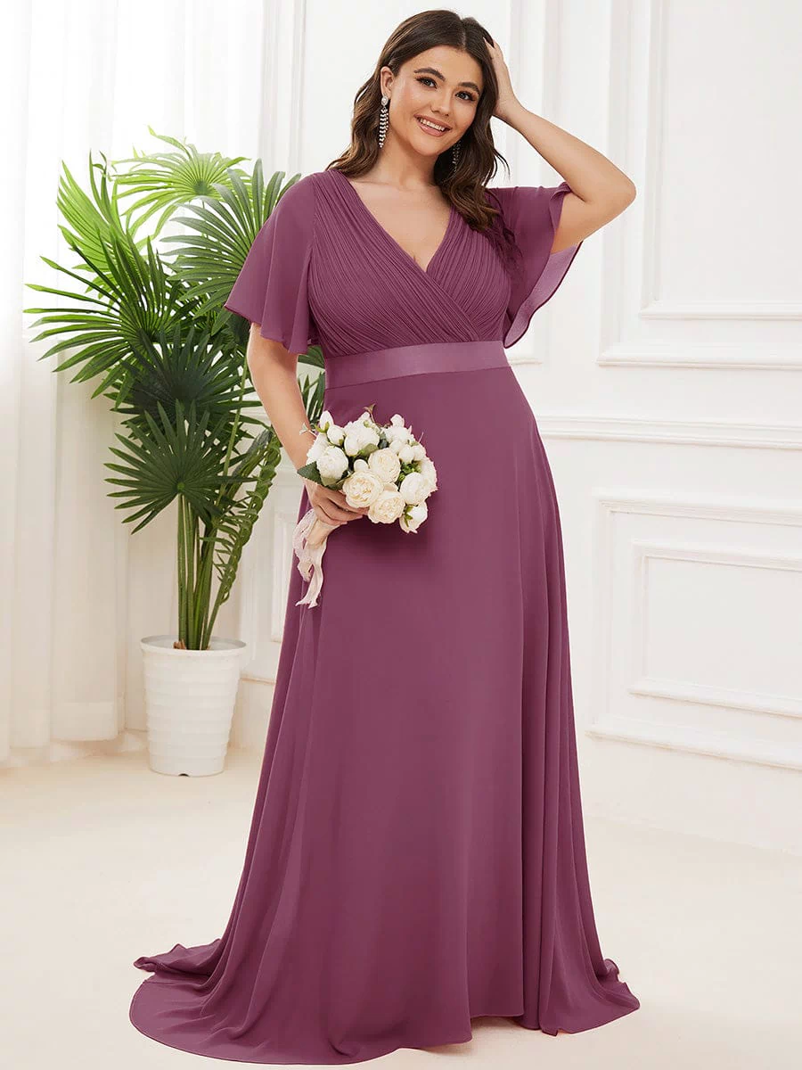 Long Empire Waist Evening Dress with Short Flutter Sleeves #color_Damson