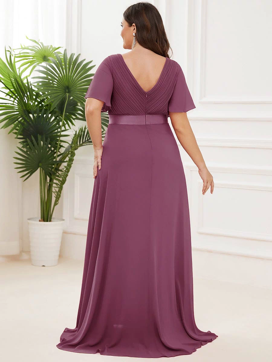 Long Empire Waist Evening Dress with Short Flutter Sleeves #color_Damson