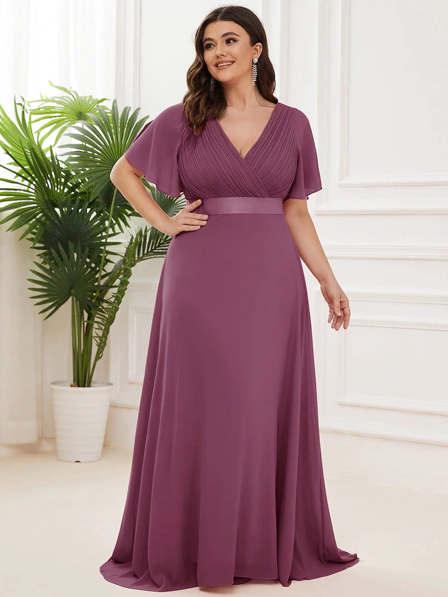Long Empire Waist Evening Dress with Short Flutter Sleeves #color_Damson