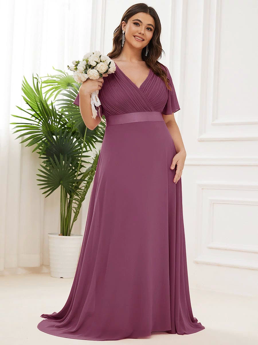 Long Empire Waist Evening Dress with Short Flutter Sleeves #color_Damson