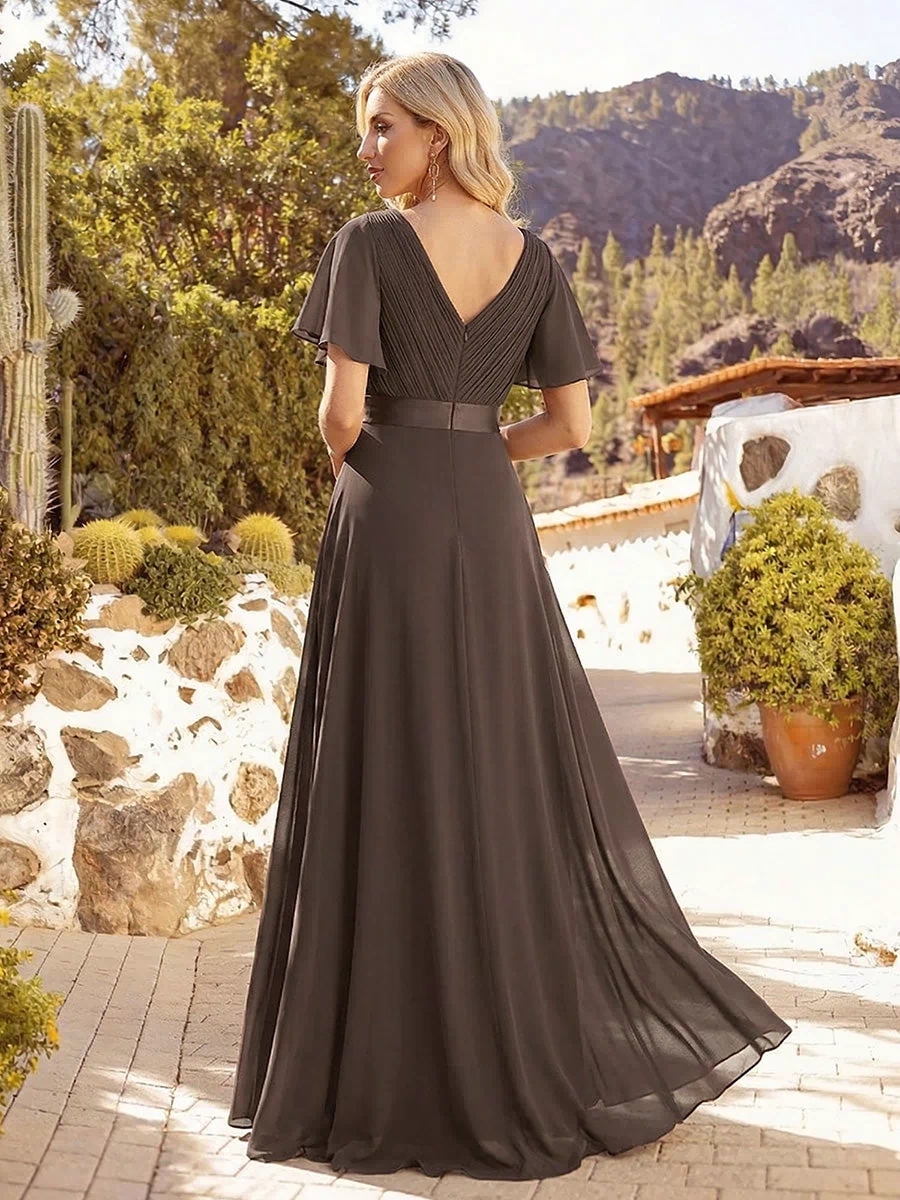 Long Empire Waist Evening Dress with Short Flutter Sleeves #color_Espresso