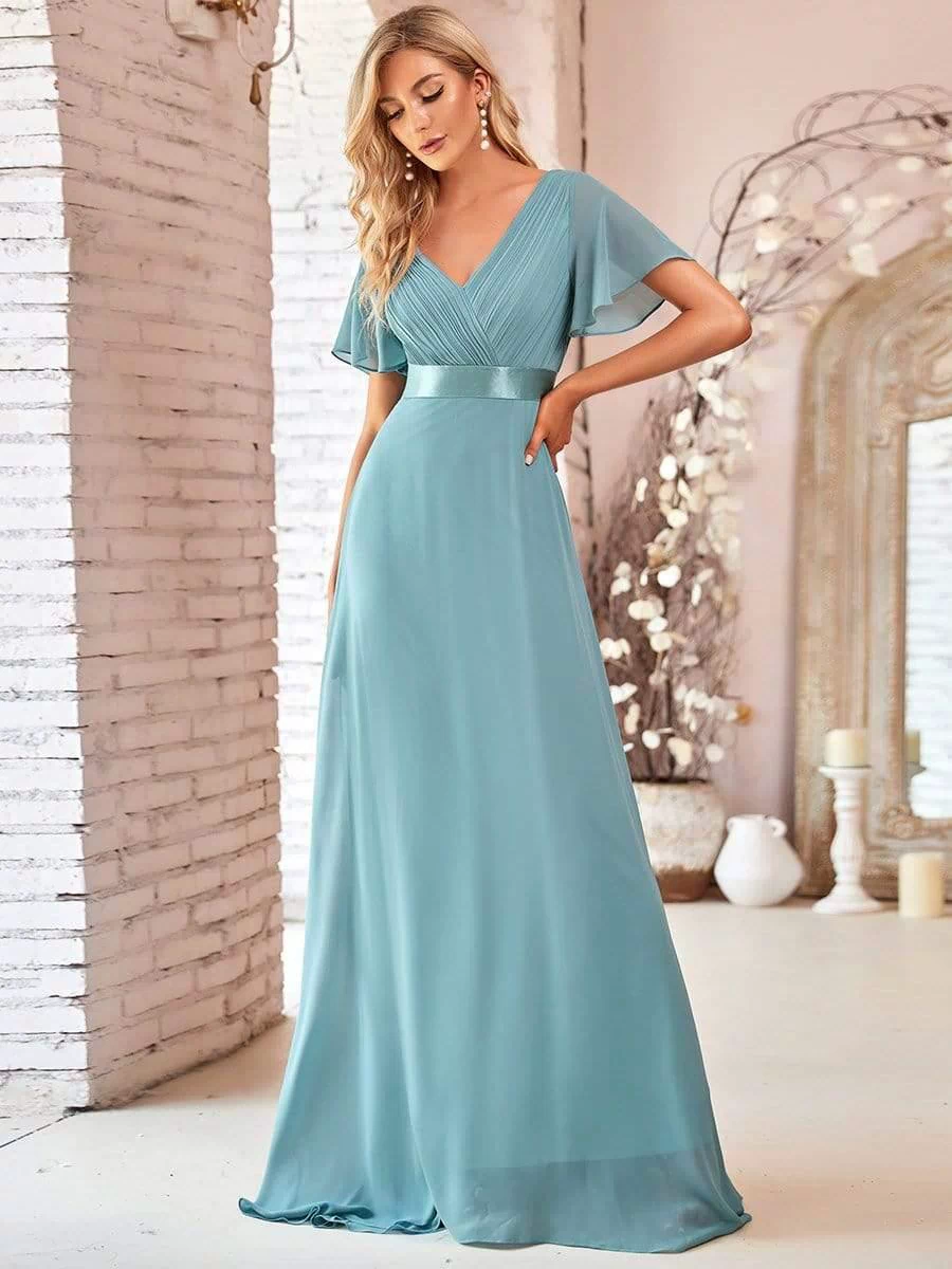 Long Empire Waist Evening Dress with Short Flutter Sleeves #color_Light Teal