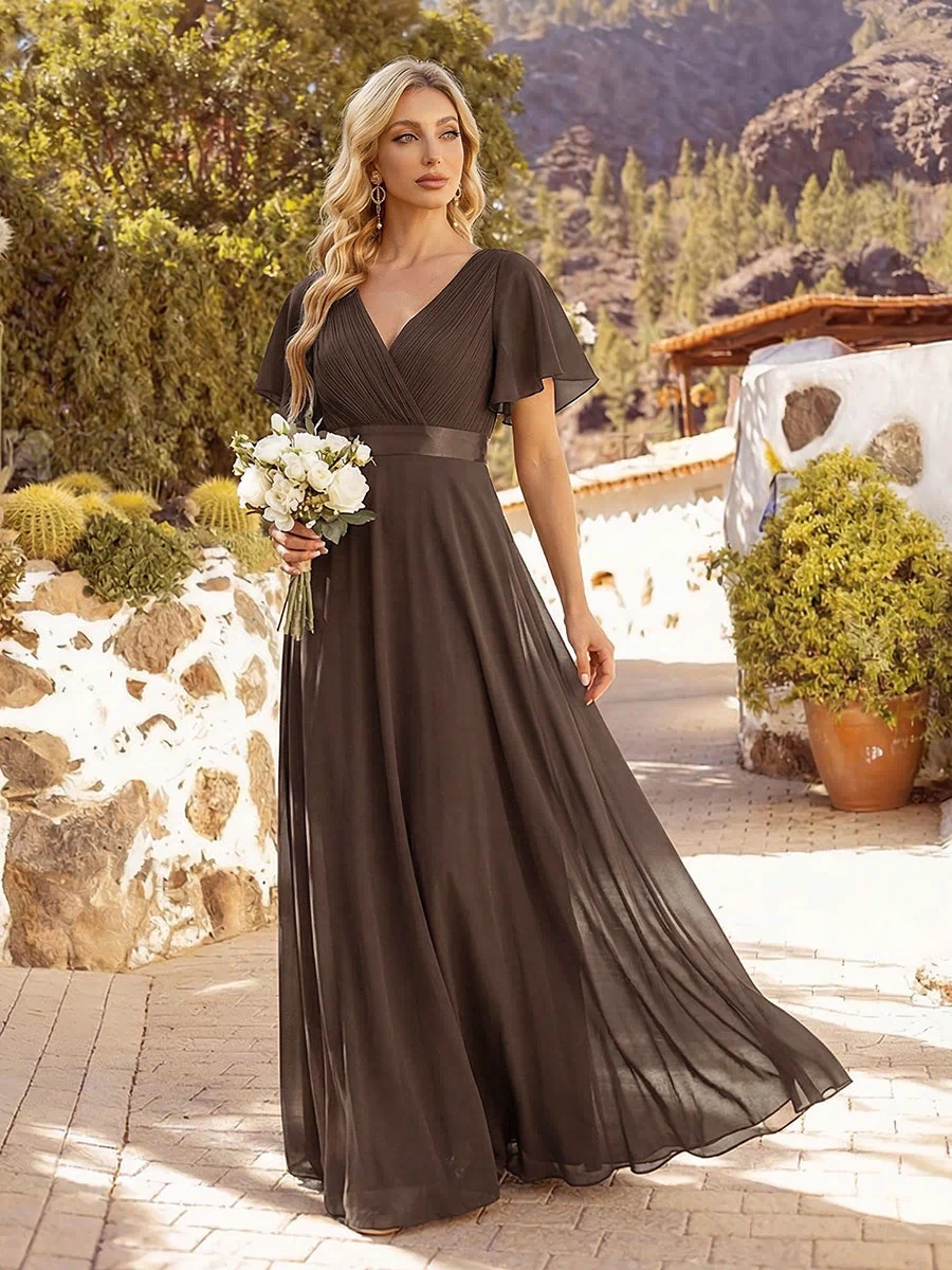 Long Empire Waist Evening Dress with Short Flutter Sleeves #color_Espresso