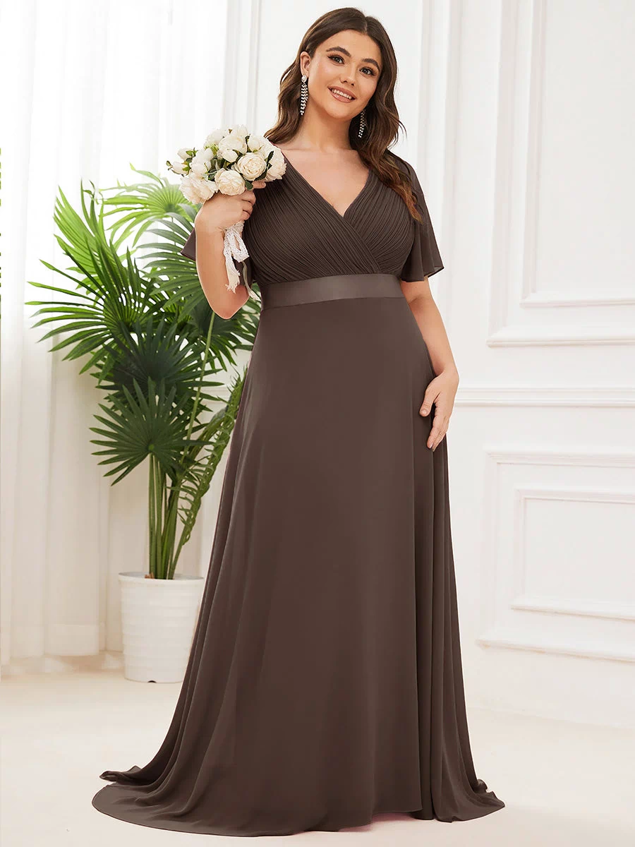 Long Empire Waist Evening Dress with Short Flutter Sleeves #color_Espresso