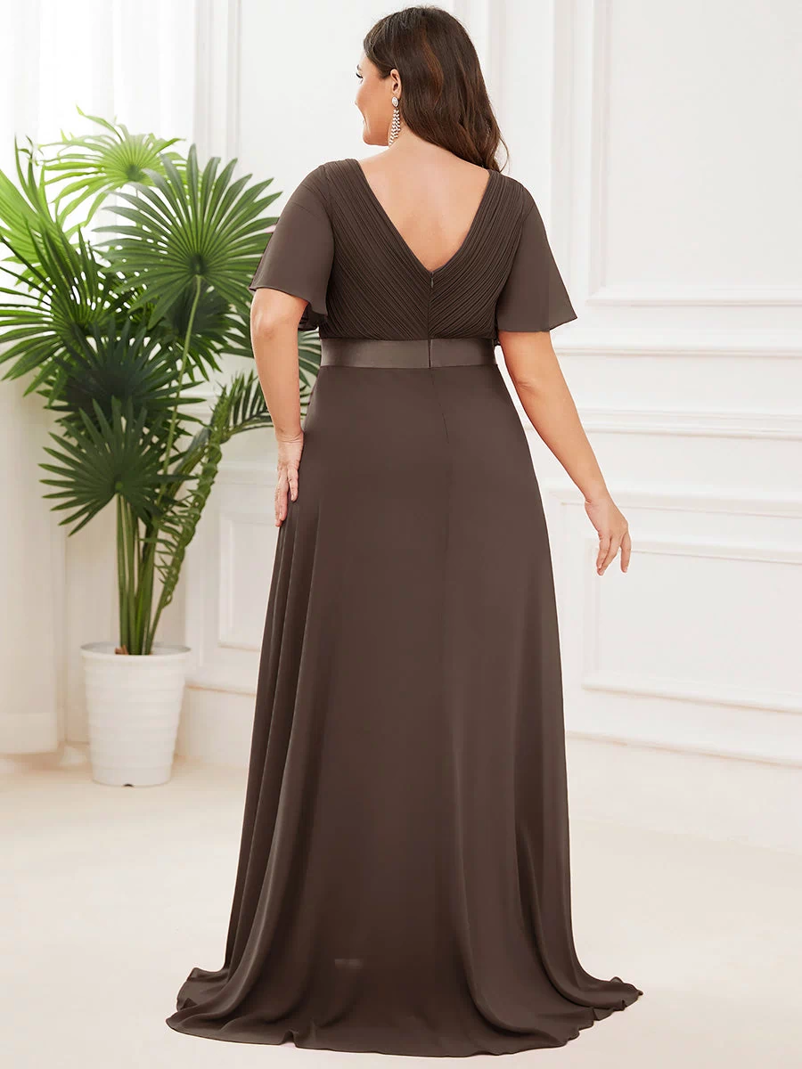 Long Empire Waist Evening Dress with Short Flutter Sleeves #color_Espresso