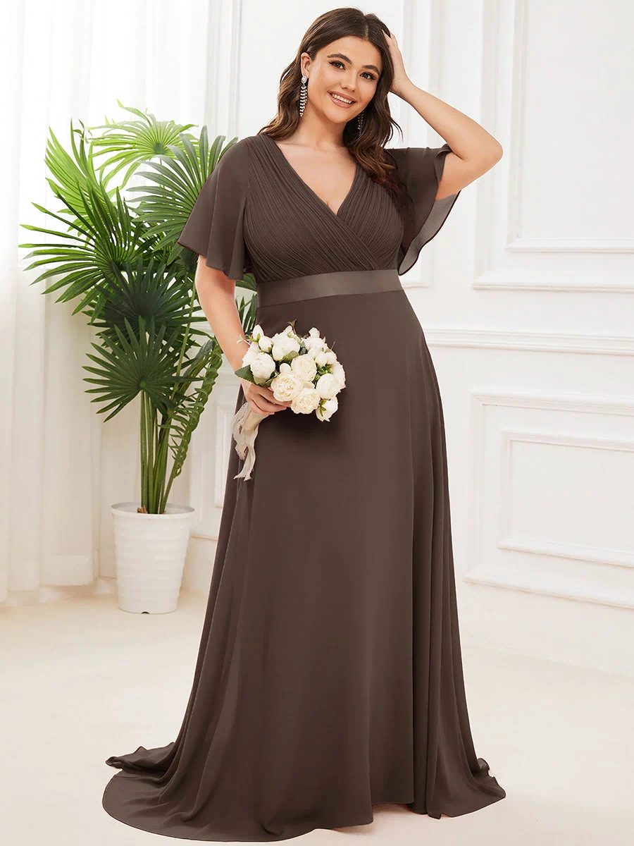 Long Empire Waist Evening Dress with Short Flutter Sleeves #color_Espresso