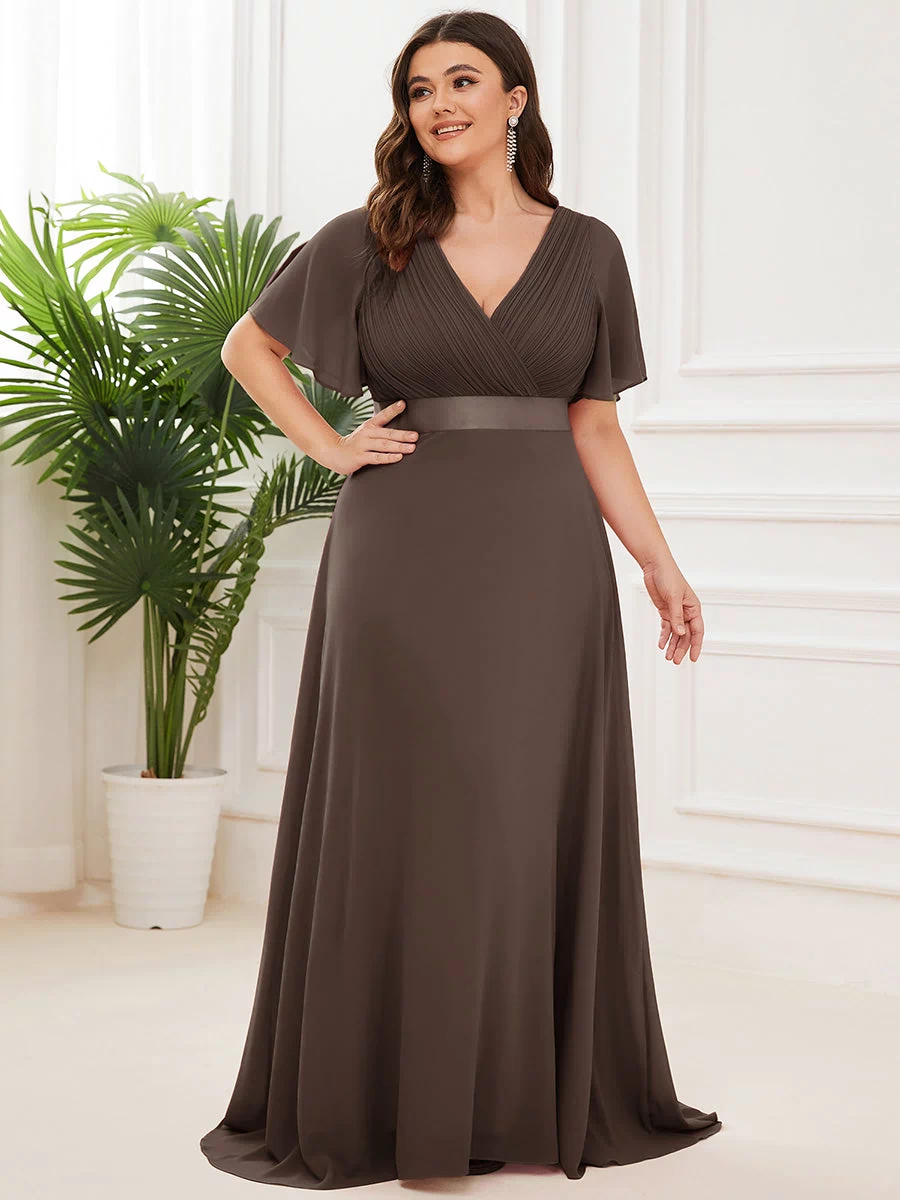 Long Empire Waist Evening Dress with Short Flutter Sleeves #color_Espresso