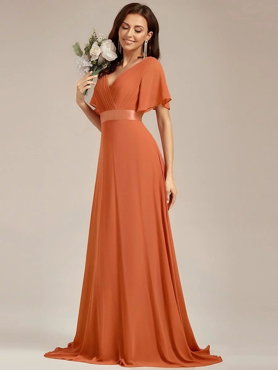 Long Empire Waist Evening Dress with Short Flutter Sleeves #color_Brandied Melon