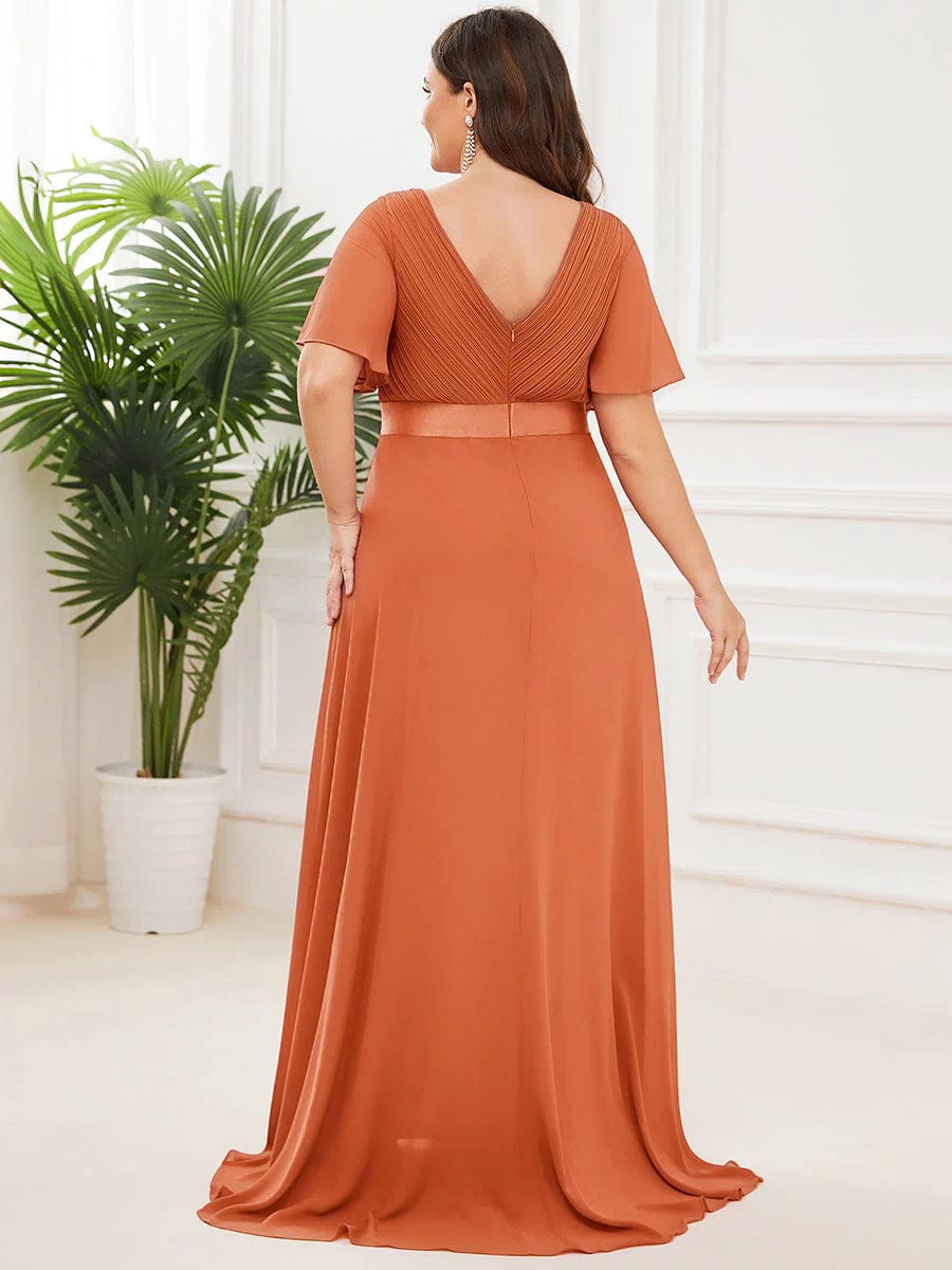 Long Empire Waist Evening Dress with Short Flutter Sleeves #color_Brandied Melon