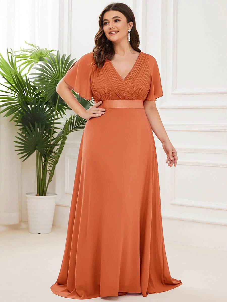 Long Empire Waist Evening Dress with Short Flutter Sleeves #color_Brandied Melon
