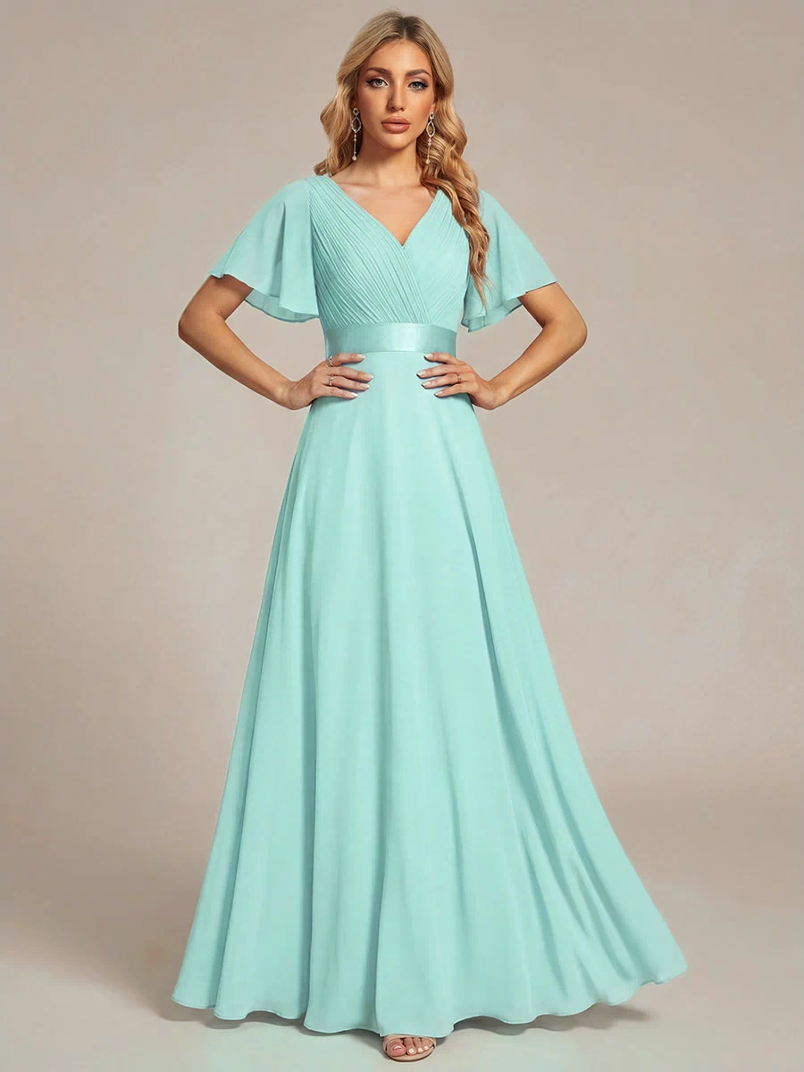 Long Empire Waist Evening Dress with Short Flutter Sleeves #color_Pastel blue