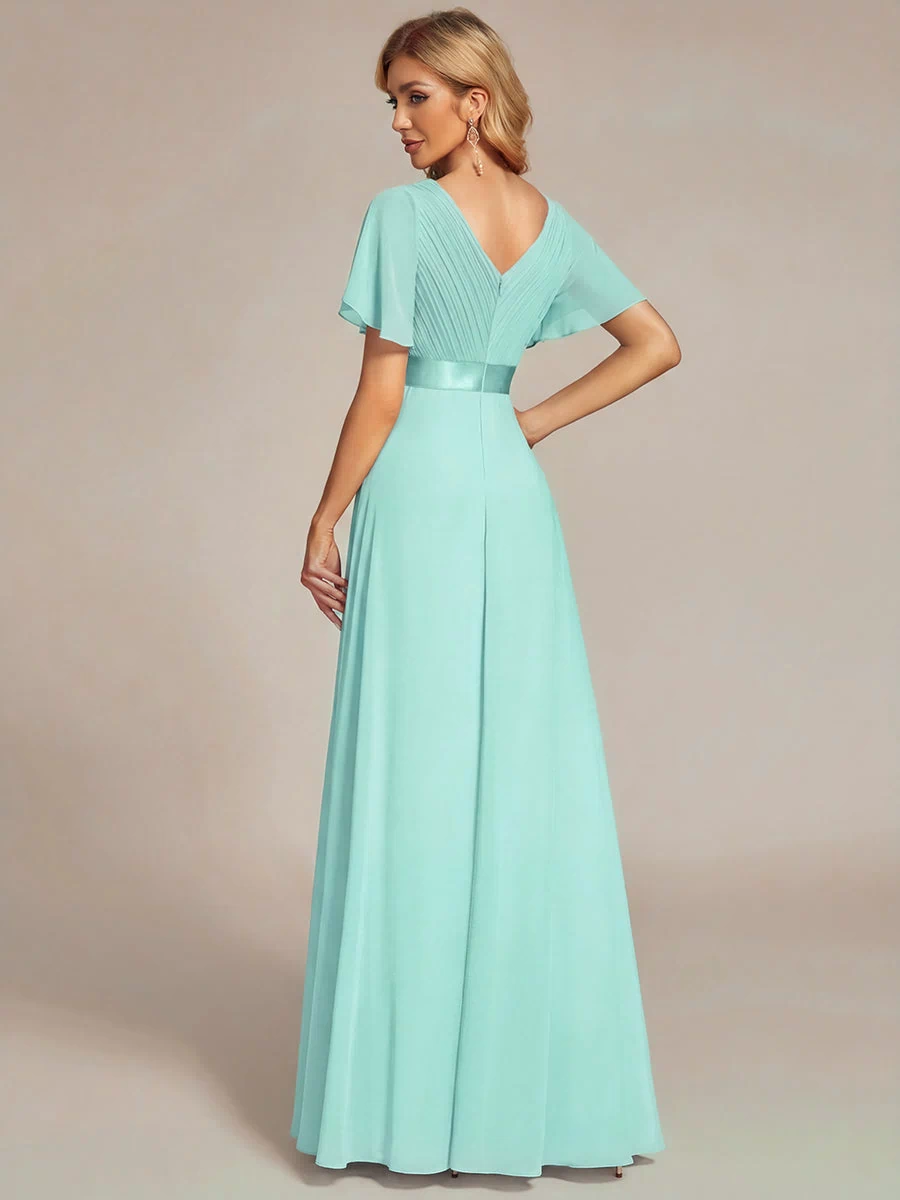 Long Empire Waist Evening Dress with Short Flutter Sleeves #color_Pastel blue