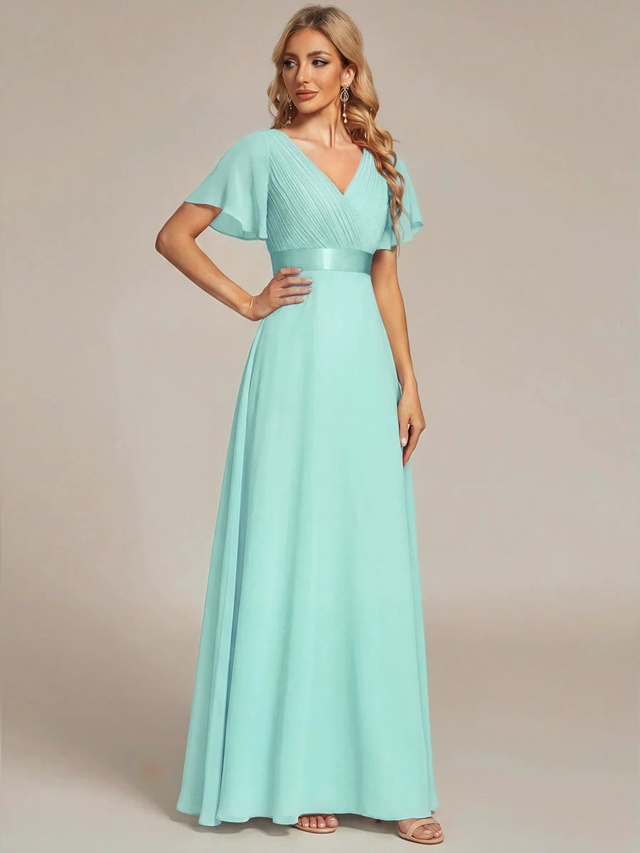 Long Empire Waist Evening Dress with Short Flutter Sleeves #color_Pastel blue