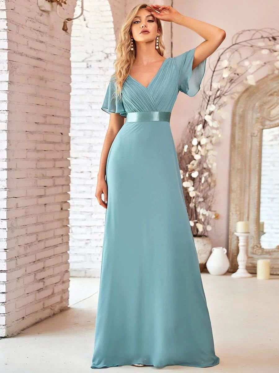 Long Empire Waist Evening Dress with Short Flutter Sleeves #color_Light Teal