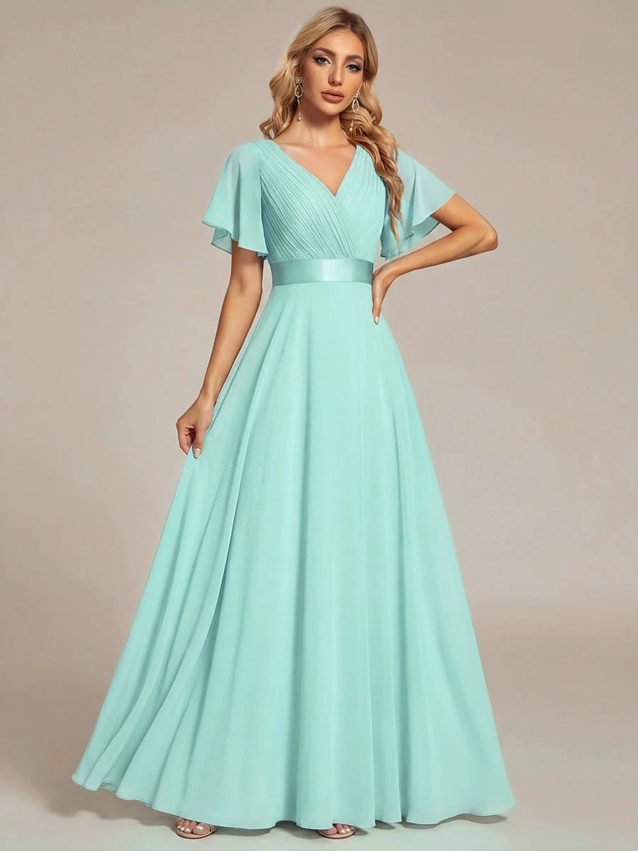 Long Empire Waist Evening Dress with Short Flutter Sleeves #color_Pastel blue