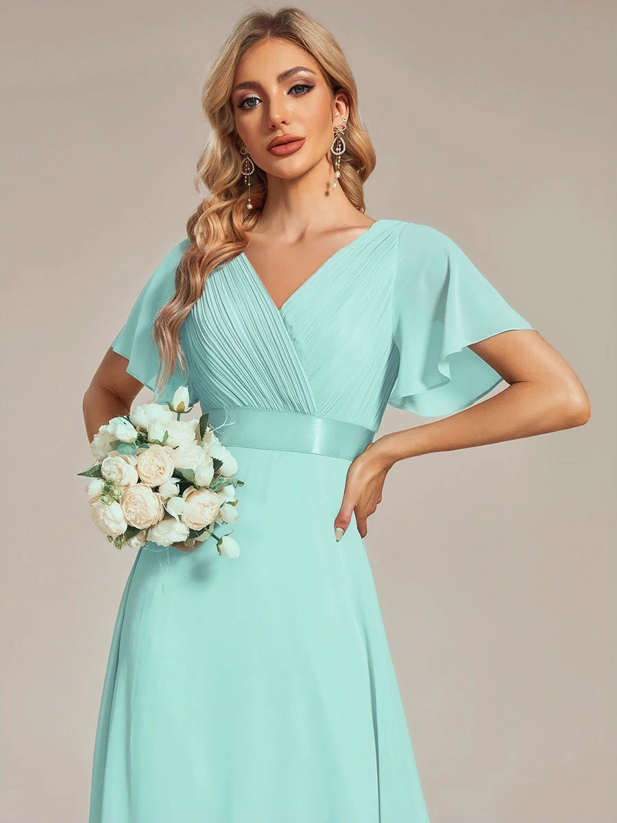 Long Empire Waist Evening Dress with Short Flutter Sleeves #color_Pastel blue