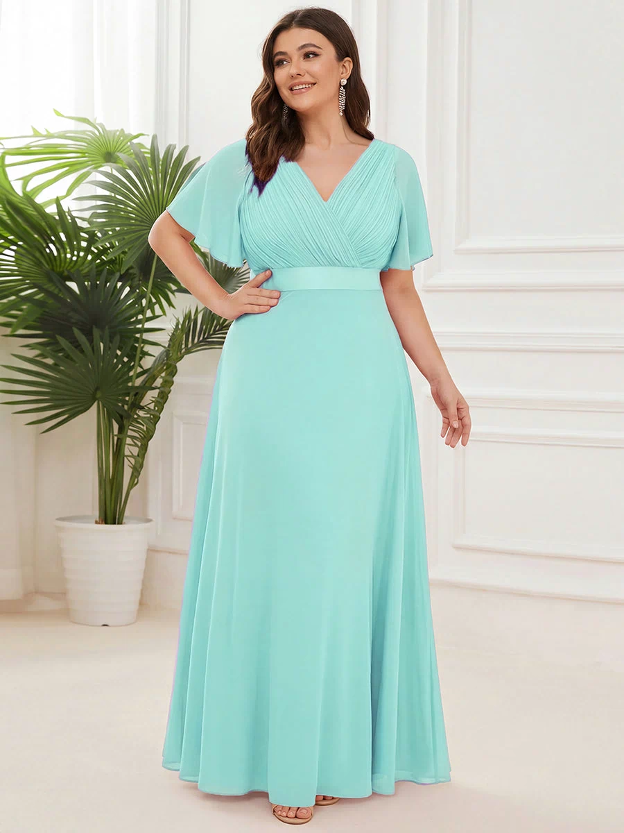 Long Empire Waist Evening Dress with Short Flutter Sleeves #color_Pastel blue