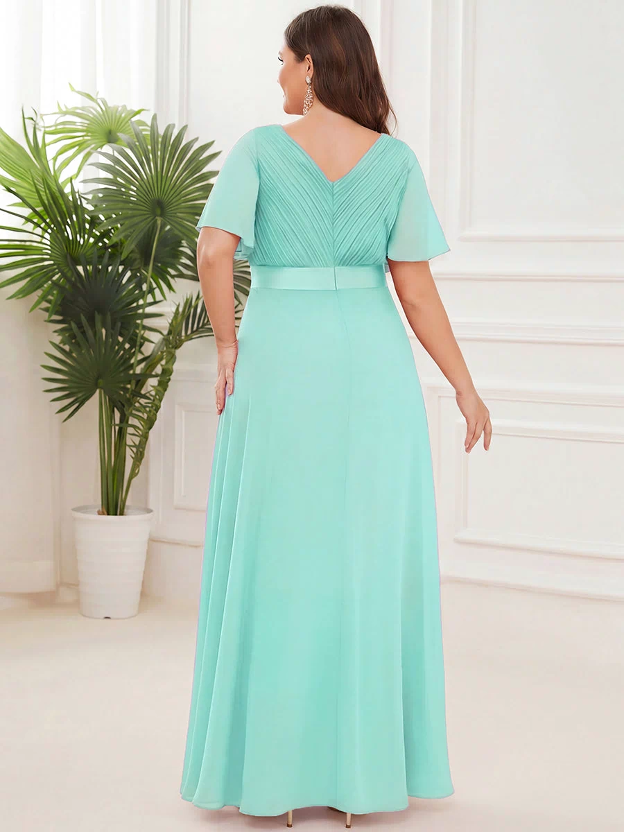 Long Empire Waist Evening Dress with Short Flutter Sleeves #color_Pastel blue